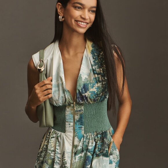 New Anthropologie The Tommie Cap-Sleeve Smocked Front-Zip Midi Shirt Dress - Picture 4 of 5